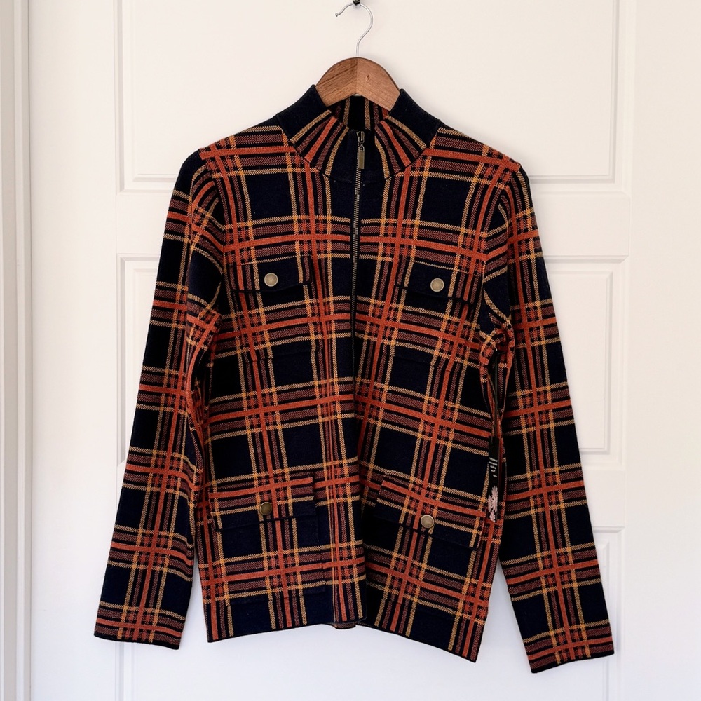Rachel Zoe Zip-Up Jacket - Lightweight, Casual - Navy/Orange Plaid - Size L